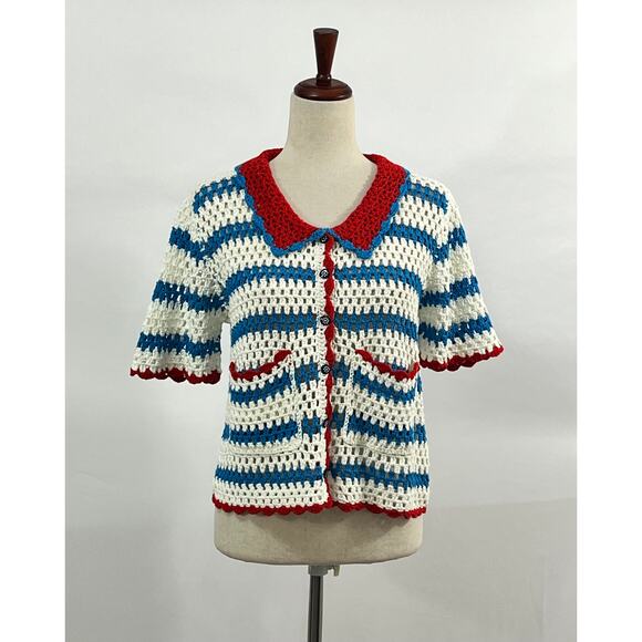 HUNTER BELL Sz L Large Kate Top Crochet Sweater Cardigan Short Sleeve - Picture 11 of 12